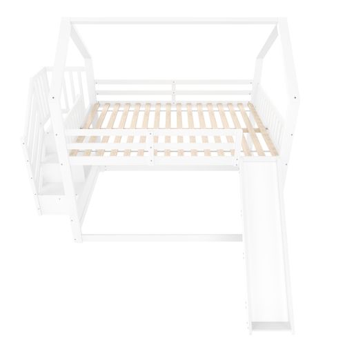 Lit Mezzanine Lit Cabane 140x200cm Avec Escalier Avec Rangement Et Toboggans Blanc