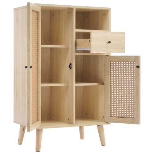 Buffet Avec 2 Portes En Rotin,1 Nich Et 1 Tiroir, 60 X 40 X 101cm Imitation Chêne