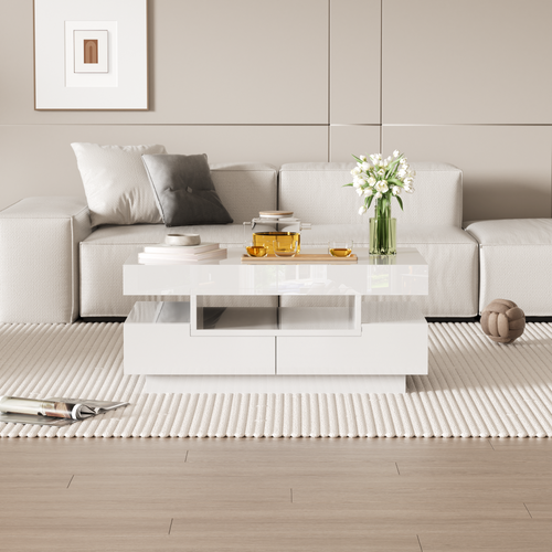 Table Basse Brillante Avec Bande Lumineuse LED Et 4 Tiroirs Blanc