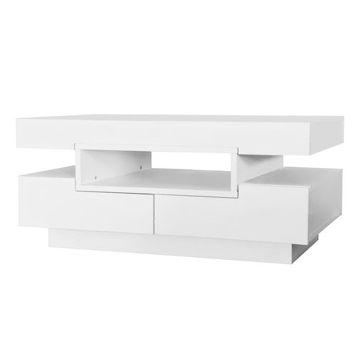 Table Basse Brillante Avec Bande Lumineuse LED Et 4 Tiroirs Blanc