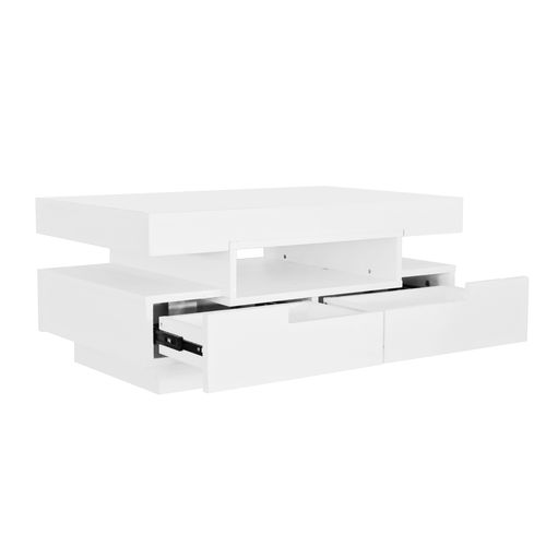 Table Basse Brillante Avec Bande Lumineuse LED Et 4 Tiroirs Blanc