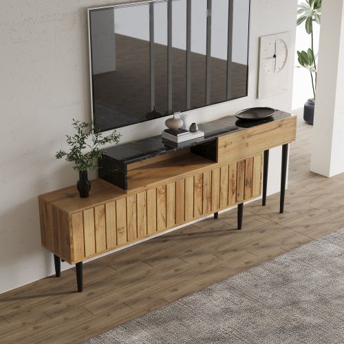 Meuble TV Avec Design En Marbre Et Grain De Bois-décoration Intérieure-bois Foncé