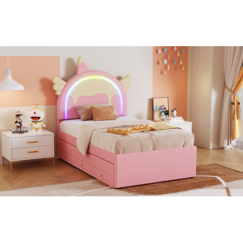 Lit Enfant - Lit Gigogne-forme Dessin Animé-lit Plat-matériau Pu - 90 X 200 Cm -rose