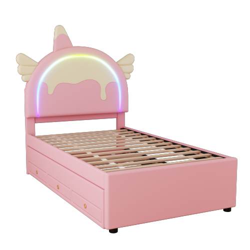 Lit Enfant - Lit Gigogne-forme Dessin Animé-lit Plat-matériau Pu - 90 X 200 Cm -rose