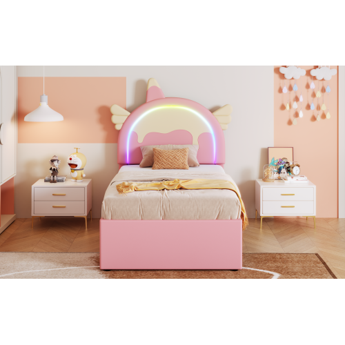 Lit Enfant - Lit Gigogne-forme Dessin Animé-lit Plat-matériau Pu - 90 X 200 Cm -rose