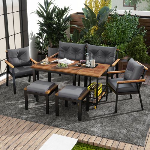 Set Repas Jardin 6-7 Places - Table + Chaises Acacia, Housses Lavables