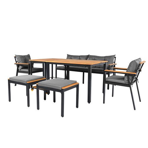 Set Repas Jardin 6-7 Places - Table + Chaises Acacia, Housses Lavables