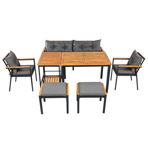 Set Repas Jardin 6-7 Places - Table + Chaises Acacia, Housses Lavables