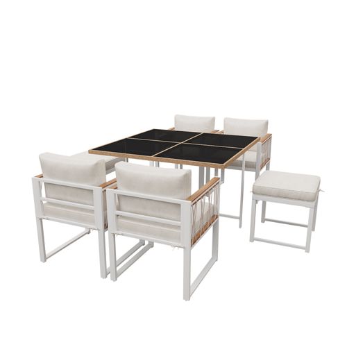 Salon Repas Extérieur 7 Pièces - Table Verre + Rotin Pe, Plateau Acacia, 6 Places