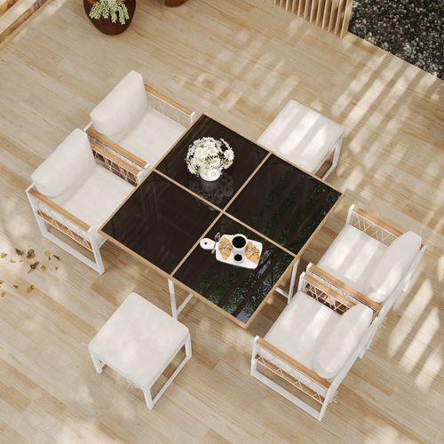 Salon Repas Extérieur 7 Pièces - Table Verre + Rotin Pe, Plateau Acacia, 6 Places