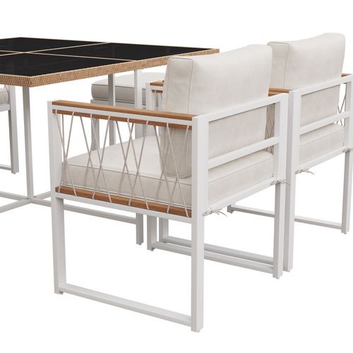 Salon Repas Extérieur 7 Pièces - Table Verre + Rotin Pe, Plateau Acacia, 6 Places