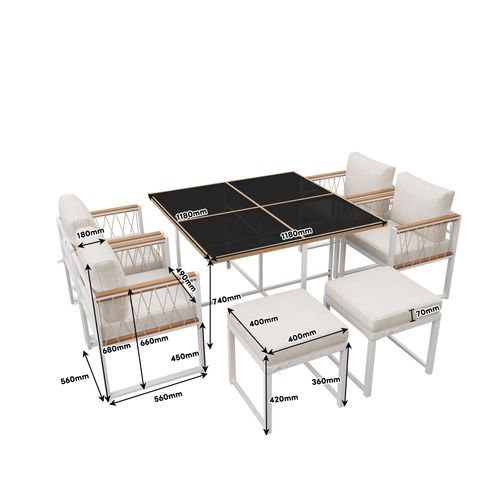 Salon Repas Extérieur 7 Pièces - Table Verre + Rotin Pe, Plateau Acacia, 6 Places