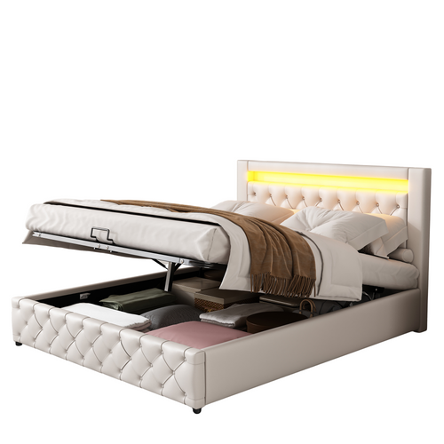 Lit Rembourré 140x200 Cm-lit Double Avec Éclairage LED-avec Fonction De Rangement-pu-blanc