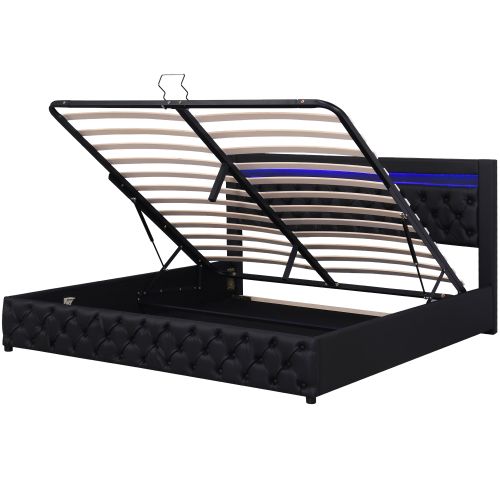 Lit Rembourré 140x200 Cm-lit Double Avec Éclairage LED-avec Fonction De Rangement-pu-noir