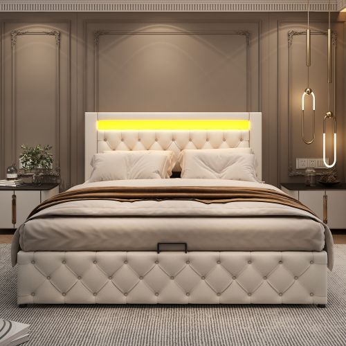 Lit Rembourré 160x200 Cm-lit Double Avec Éclairage LED-avec Fonction De Rangement-pu-blanc