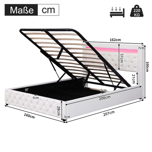 Lit Rembourré 160x200 Cm-lit Double Avec Éclairage LED-avec Fonction De Rangement-pu-blanc