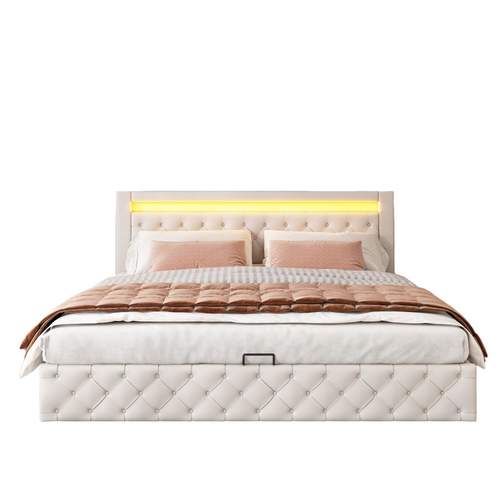 Lit Rembourré 180x200 Cm-lit Double Avec Éclairage LED-avec Fonction De Rangement-pu-blanc
