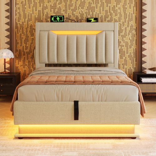 Lit Enfant 90x200 Cm- Avec Tête De Lit Coffre - Ports USB Et Type-c-éclairage LED - Beige