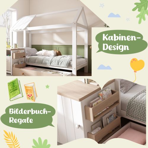 Lit Cabane Avec Tiroirs Et Table De Chevet Amovible -lit Enfant 90x200cm-en Bois Massif - Naturel