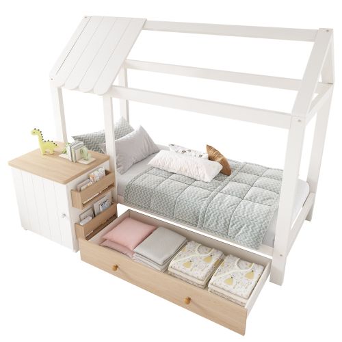 Lit Cabane Avec Tiroirs Et Table De Chevet Amovible -lit Enfant 90x200cm-en Bois Massif - Naturel