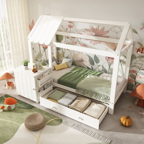 Lit Cabane Avec Tiroirs Et Table De Chevet Amovible -lit Enfant 90x200cm-en Bois Massif - Blanc