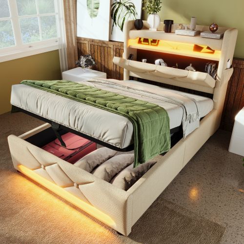 Lit Double Capitonné 90*200-ports USB Et Type-c, Éclairage LED à 360°-rangement Hydraulique-beige