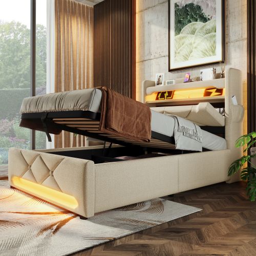 Lit Double Capitonné 90*200-ports USB Et Type-c, Éclairage LED à 360°-rangement Hydraulique-beige