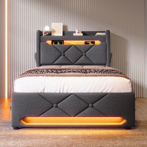 Lit Double Capitonné 90*200-ports USB Et Type-c, Éclairage LED à 360°-rangement Hydraulique-gris