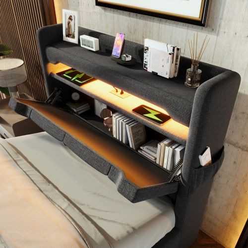 Lit Double Capitonné 90*200-ports USB Et Type-c, Éclairage LED à 360°-rangement Hydraulique-gris