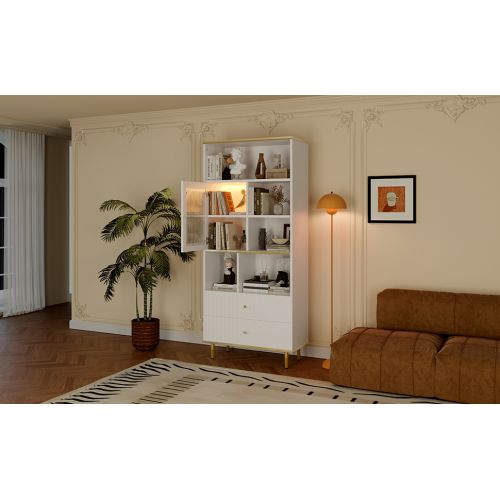Vitrine Multifonctionnelle Avec LED-porte Transparente-rangement Multicouche-2 Tiroirs-blanc