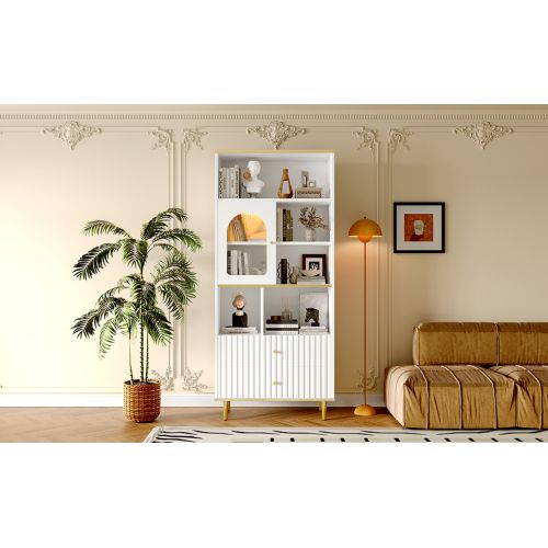 Vitrine Multifonctionnelle Avec LED-porte Transparente-rangement Multicouche-2 Tiroirs-blanc