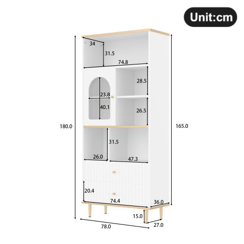 Vitrine Multifonctionnelle Avec LED-porte Transparente-rangement Multicouche-2 Tiroirs-blanc
