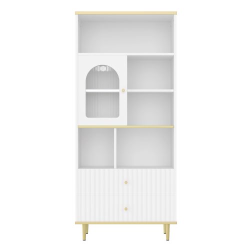 Vitrine Multifonctionnelle Avec LED-porte Transparente-rangement Multicouche-2 Tiroirs-blanc