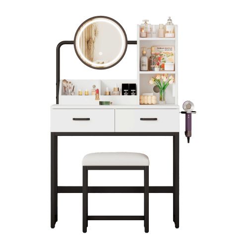 Coiffeuse Avec Miroir LED Réglable Et Tabouret - 2 Tiroirs Et 2 Étagères - Prise Et Port USB - Blanc