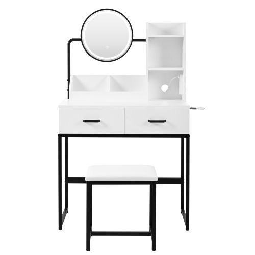 Coiffeuse Avec Miroir LED Réglable Et Tabouret - 2 Tiroirs Et 2 Étagères - Prise Et Port USB - Blanc