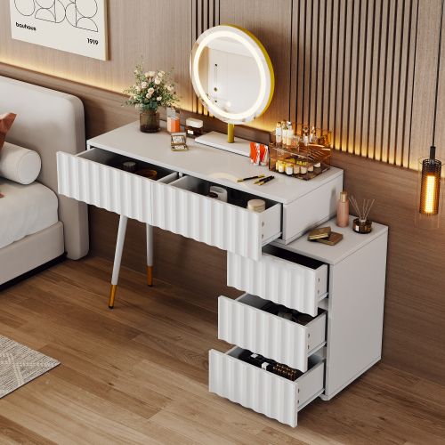 Coiffeuse Avec Miroir LED -blanc-5 Tiroirs Spacieux - Sans Tabouret- Moderne