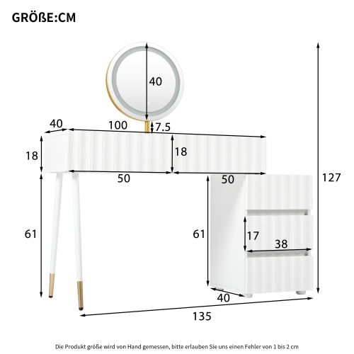 Coiffeuse Avec Miroir LED -blanc-5 Tiroirs Spacieux - Sans Tabouret- Moderne