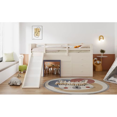 Lit Mezzanine Bas Avec Toboggan-lit Enfant  140 X 200cm -trois Tiroirs Et Deux Portes-couleur Crème