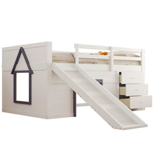 Lit Mezzanine Bas Avec Toboggan-lit Enfant  140 X 200cm -trois Tiroirs Et Deux Portes-couleur Crème