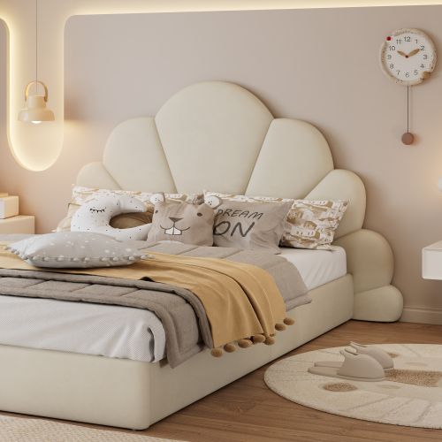 Lit Double Capitonné 140 X 200 Cm-lit Enfant Style Simple, Élégant Et Confortable-velours-beige