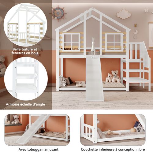 Lit Superposé 90x200 Cm Avec Toboggan-avec Protection Antichute-en Bois - Blanc