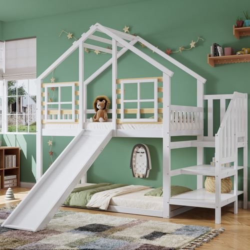Lit Superposé 90x200 Cm Avec Toboggan-avec Protection Antichute-en Bois - Blanc