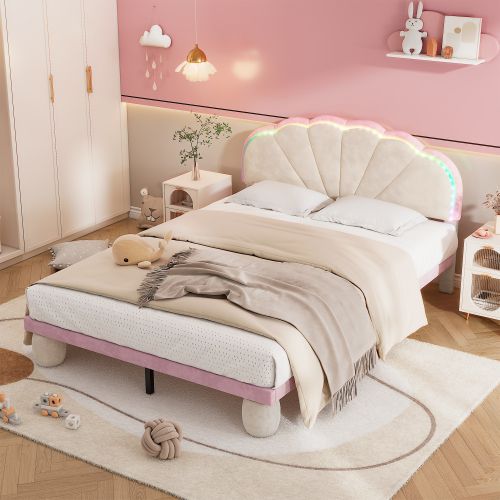 Lit Simple 140 X 200 Cm-avec Bande Lumineuse LED Multicolore-lit Enfant-velours-beige Et Rose