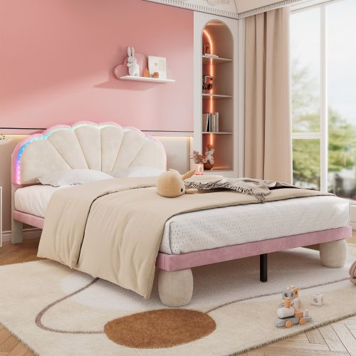 Lit Simple 140 X 200 Cm-avec Bande Lumineuse LED Multicolore-lit Enfant-velours-beige Et Rose