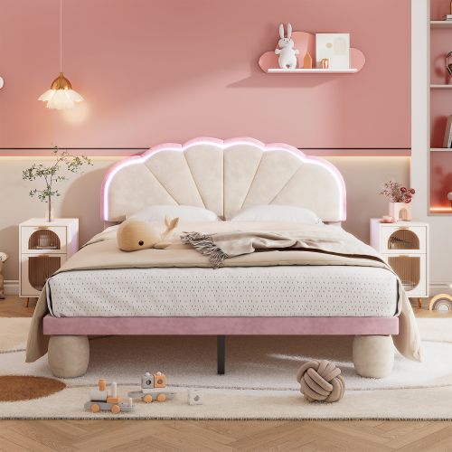 Lit Simple 140 X 200 Cm-avec Bande Lumineuse LED Multicolore-lit Enfant-velours-beige Et Rose