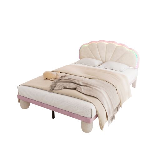 Lit Simple 140 X 200 Cm-avec Bande Lumineuse LED Multicolore-lit Enfant-velours-beige Et Rose