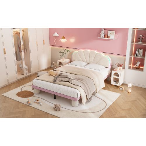 Lit Simple 140 X 200 Cm-avec Bande Lumineuse LED Multicolore-lit Enfant-velours-beige Et Rose