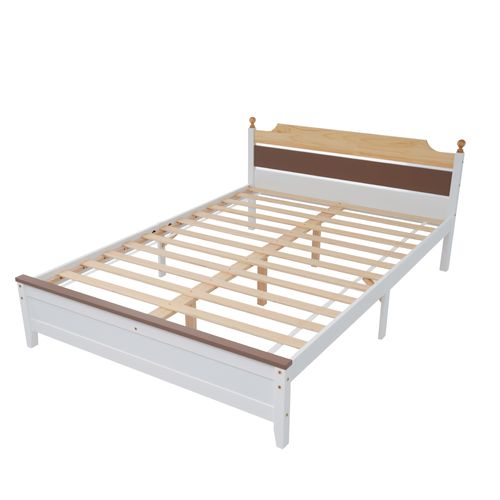 Lit Double En Bois-design Contrasté-cadre En Pin -lit Jeune, Lit Adulte-140x200 Cm-blanc