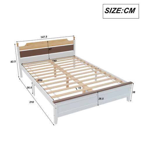 Lit Double En Bois-design Contrasté-cadre En Pin -lit Jeune, Lit Adulte-140x200 Cm-blanc