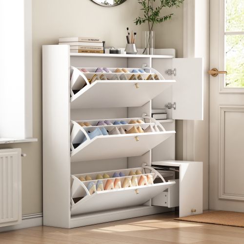 Meuble à Chaussures Avec 3 Portes Rabattables-étagère à Chaussures-pour Le Couloir Et Entrée-blanc